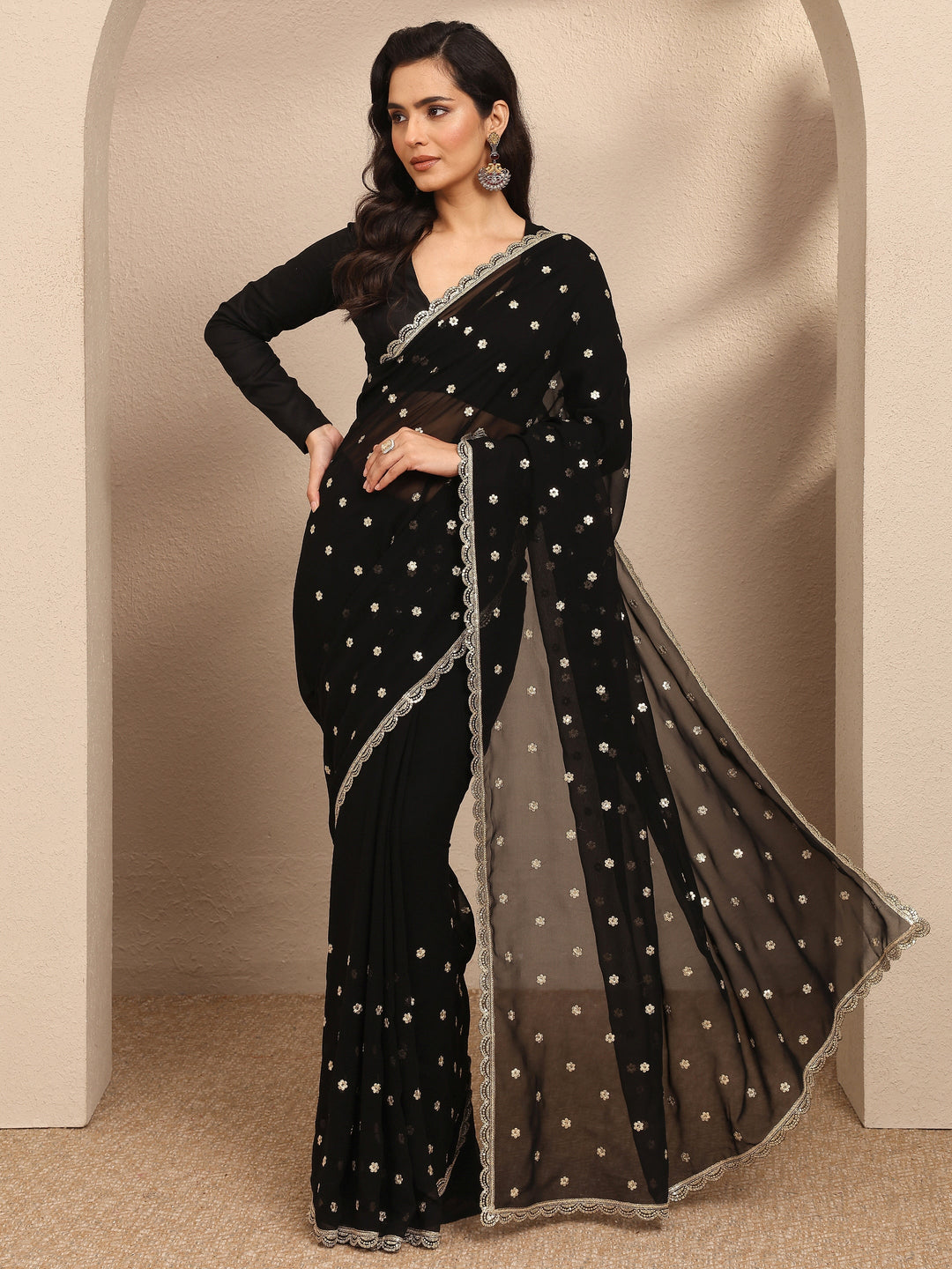 Black Embroidered Georgette Saree With Unstitched Blouse Piece
