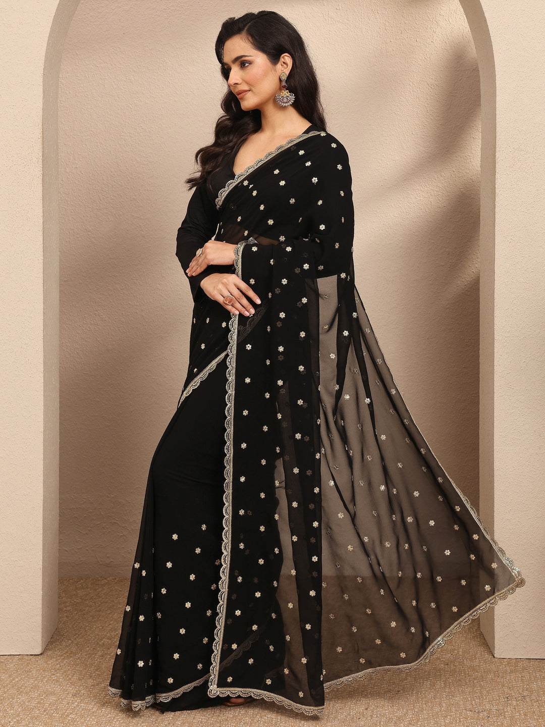 Black Embroidered Georgette Saree With Unstitched Blouse Piece