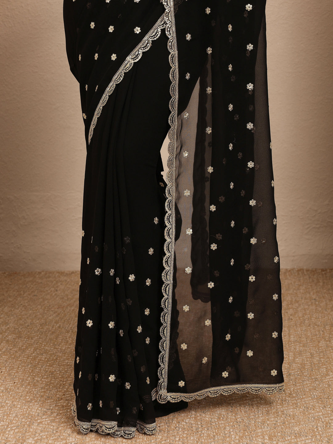 Black Embroidered Georgette Saree With Unstitched Blouse Piece