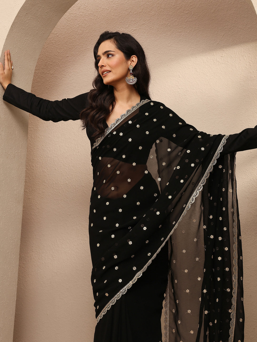 Black Embroidered Georgette Saree With Unstitched Blouse Piece