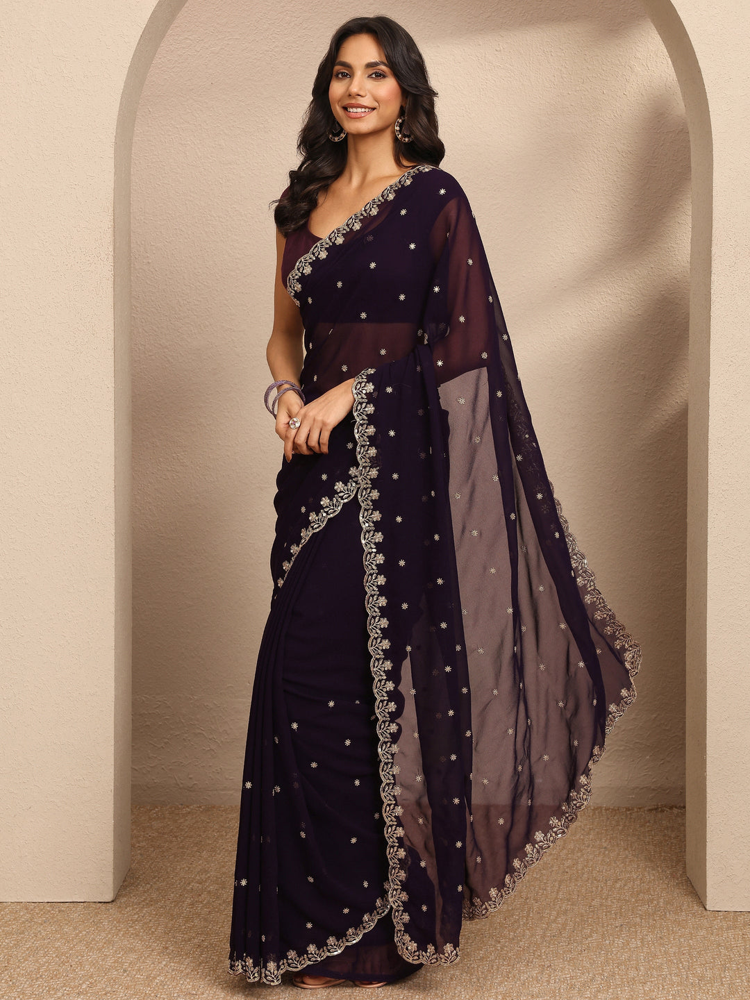 Burgundy Embroidered Georgette Saree With Unstitched Blouse Piece