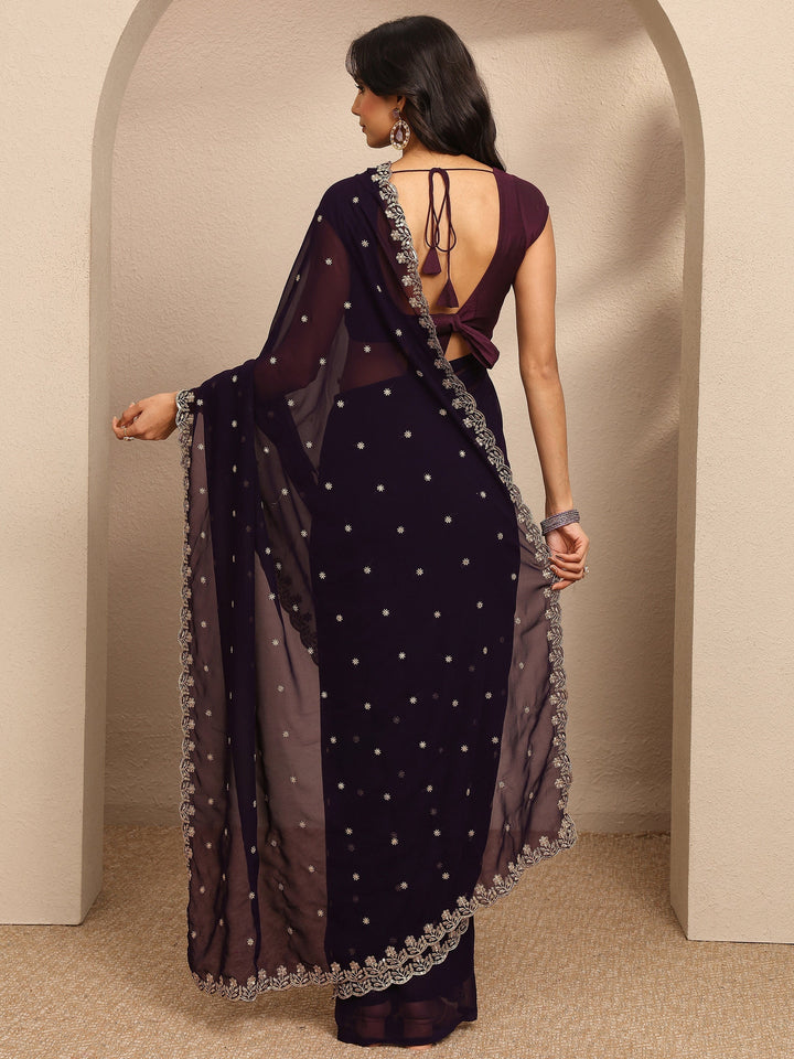 Burgundy Embroidered Georgette Saree With Unstitched Blouse Piece