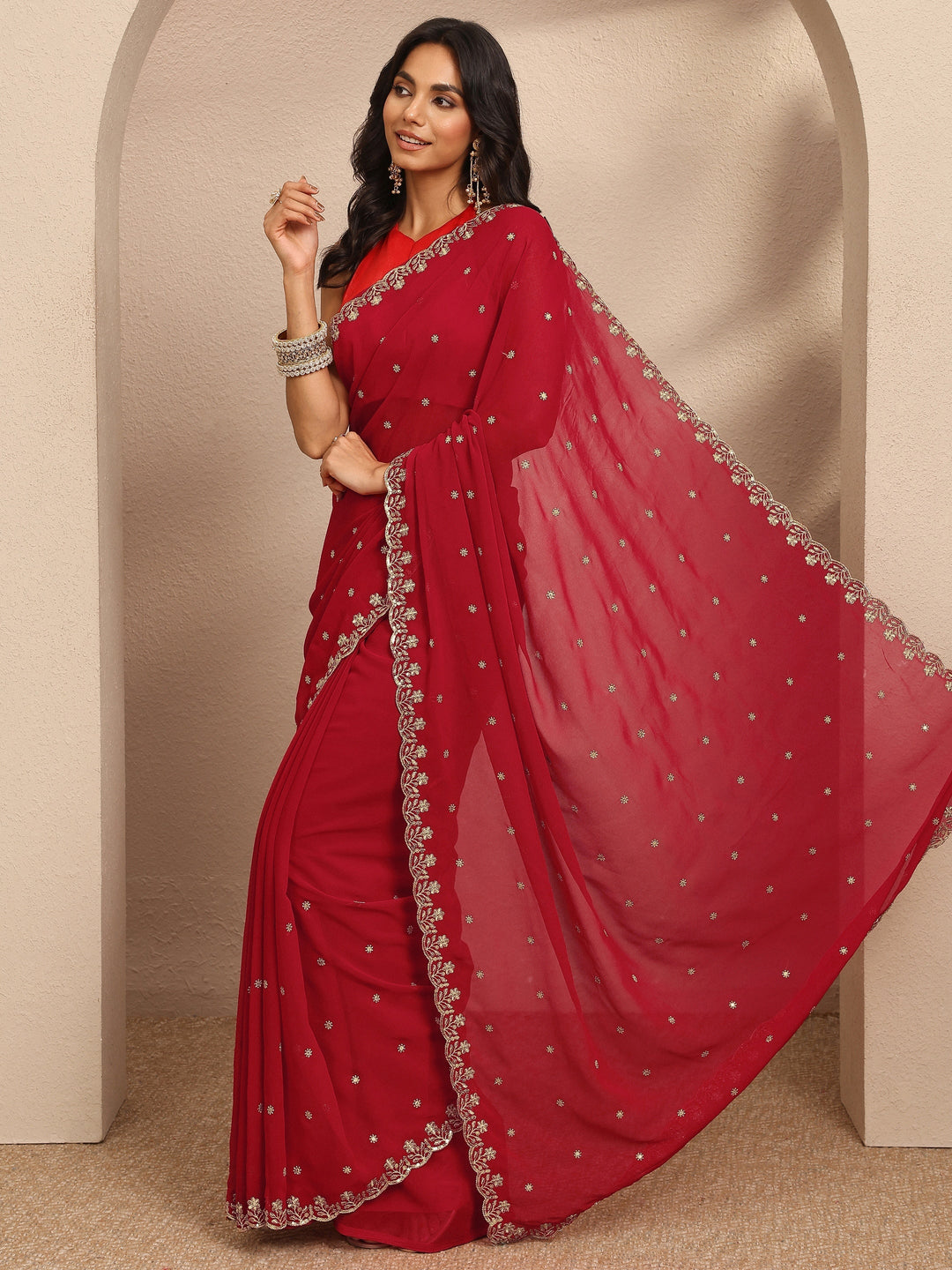 Red Embroidered Georgette Saree With Unstitched Blouse Piece