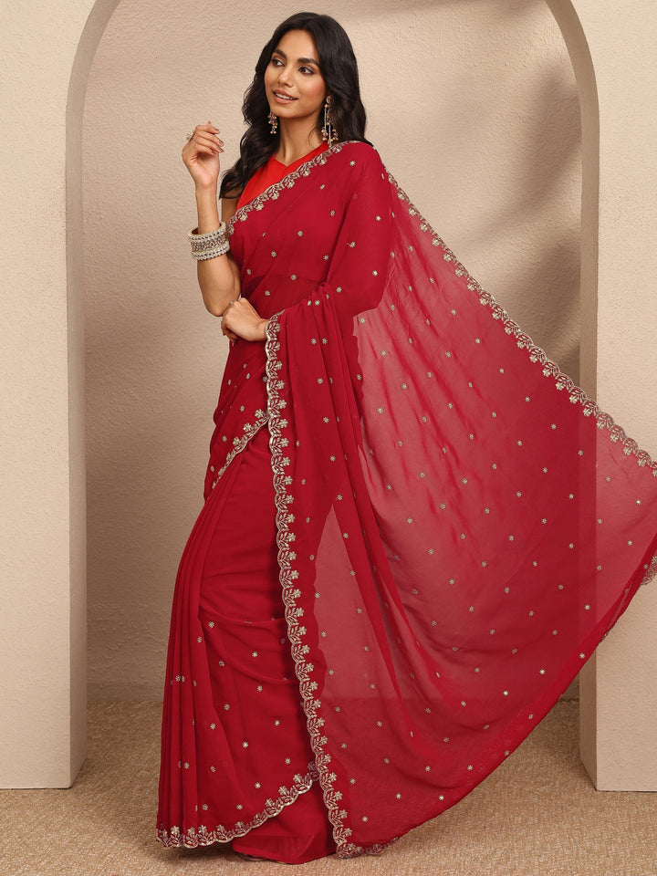 Red Embroidered Georgette Saree With Unstitched Blouse Piece