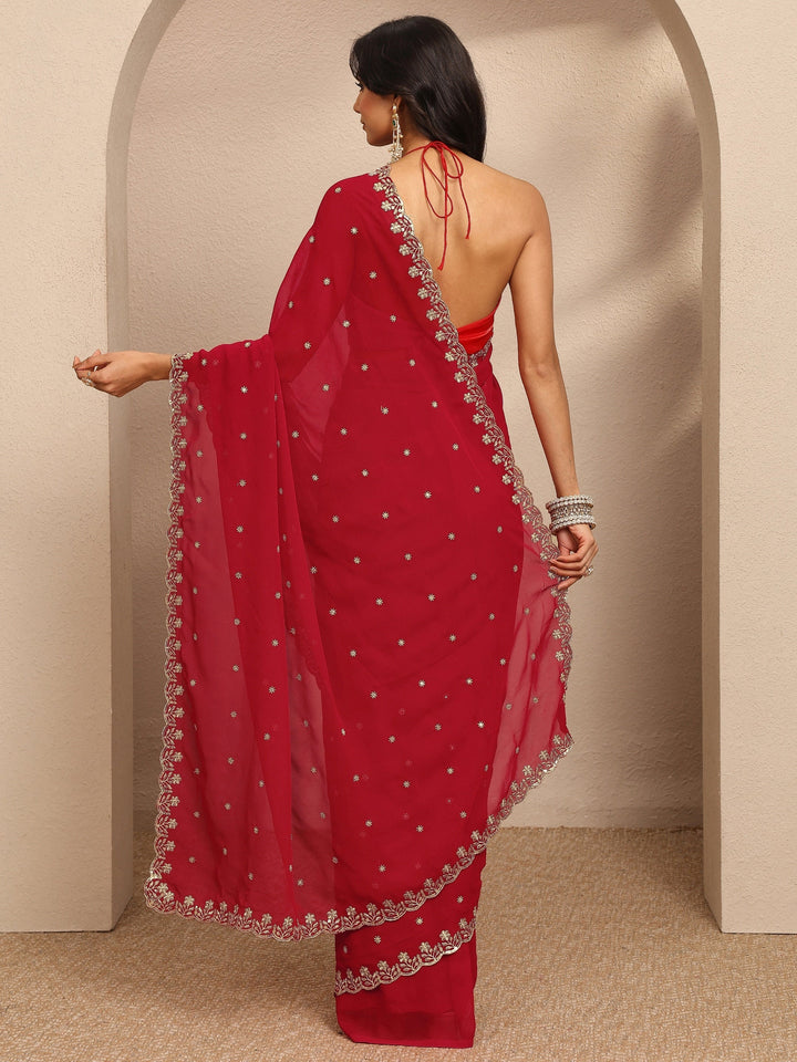 Red Embroidered Georgette Saree With Unstitched Blouse Piece