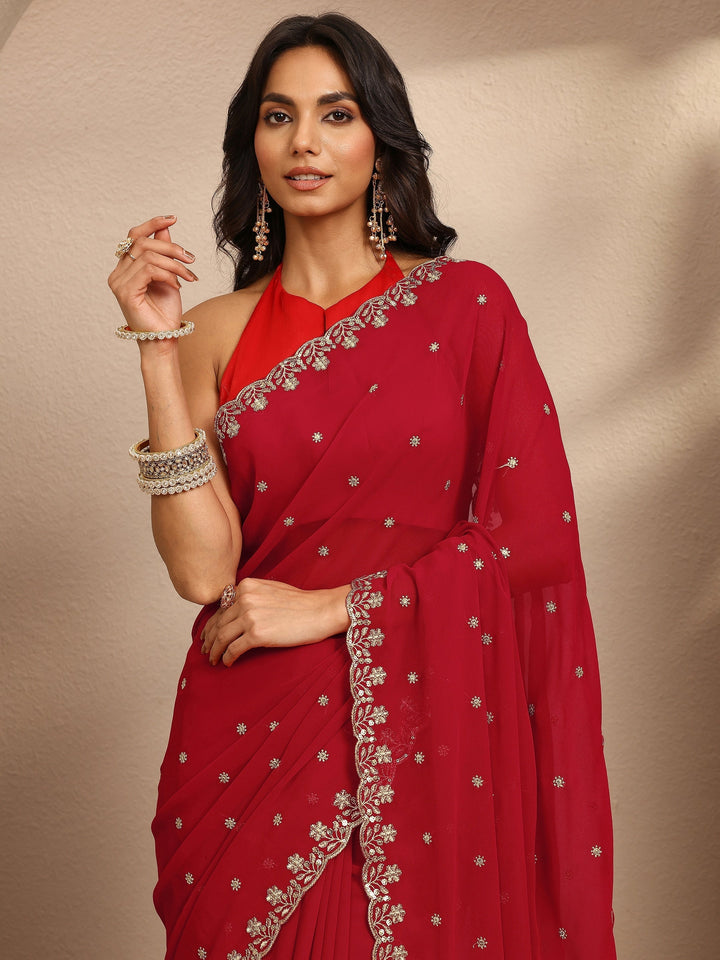 Red Embroidered Georgette Saree With Unstitched Blouse Piece