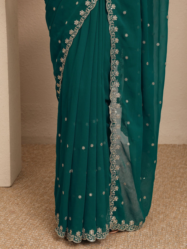 Green Embroidered Georgette Saree With Unstitched Blouse Piece