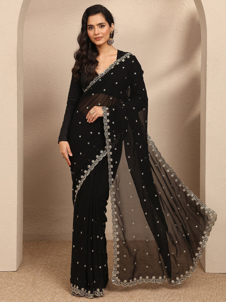 Black Embroidered Georgette Saree With Unstitched Blouse Piece