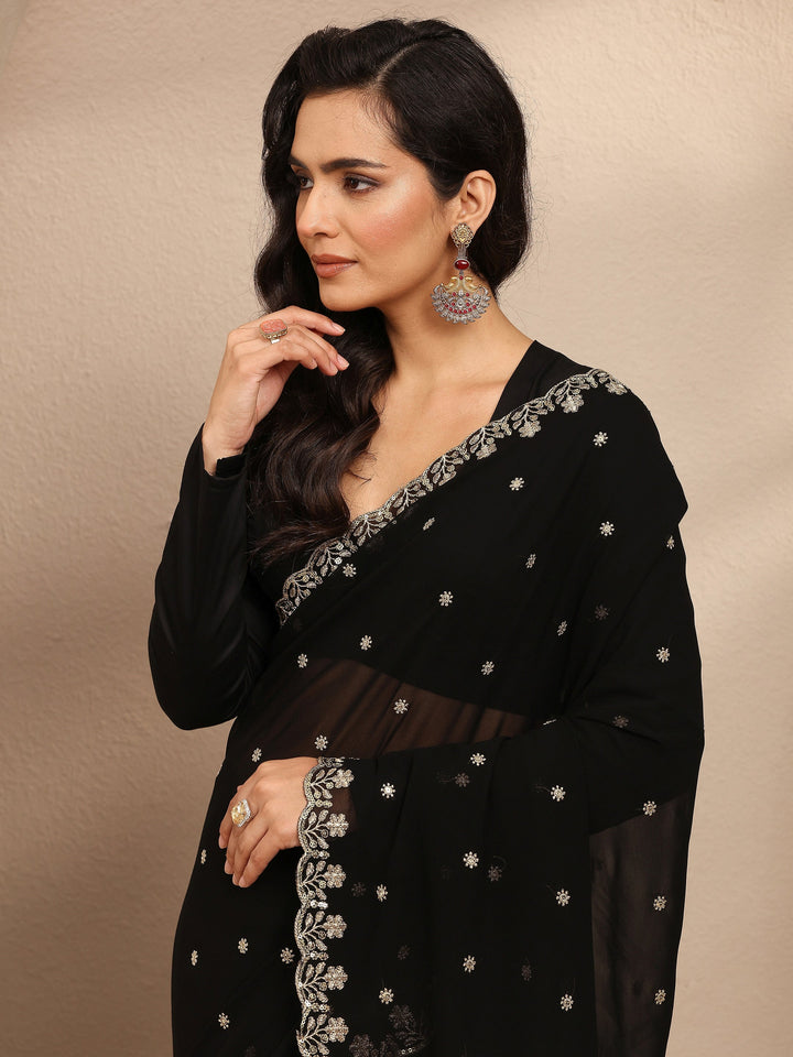 Black Embroidered Georgette Saree With Unstitched Blouse Piece