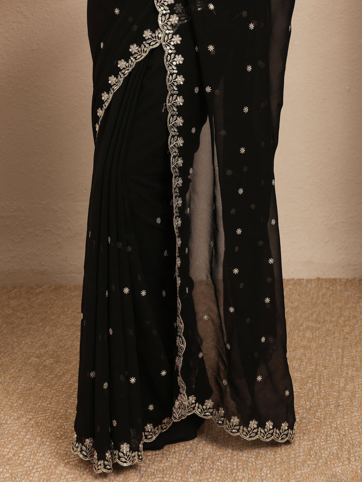 Black Embroidered Georgette Saree With Unstitched Blouse Piece