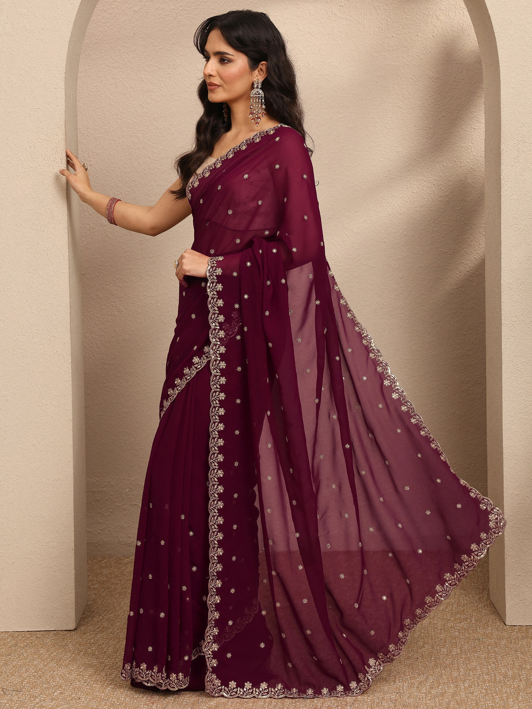 Maroon Embroidered Georgette Saree With Unstitched Blouse Piece