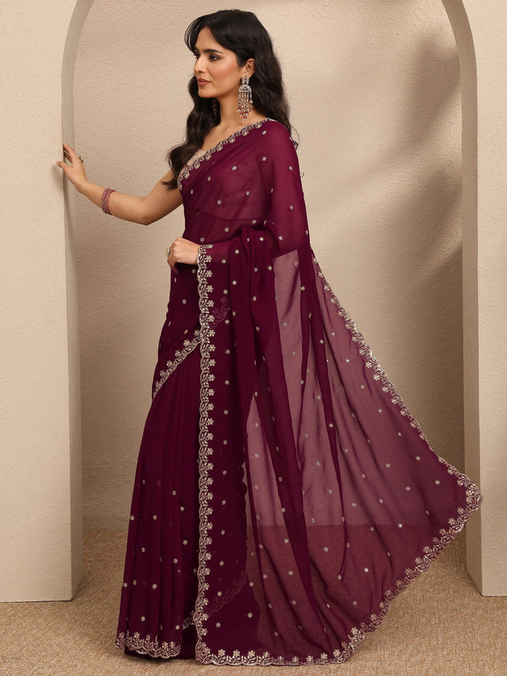 Maroon Embroidered Georgette Saree With Unstitched Blouse Piece