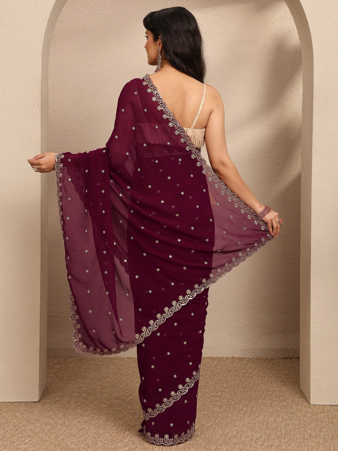 Maroon Embroidered Georgette Saree With Unstitched Blouse Piece