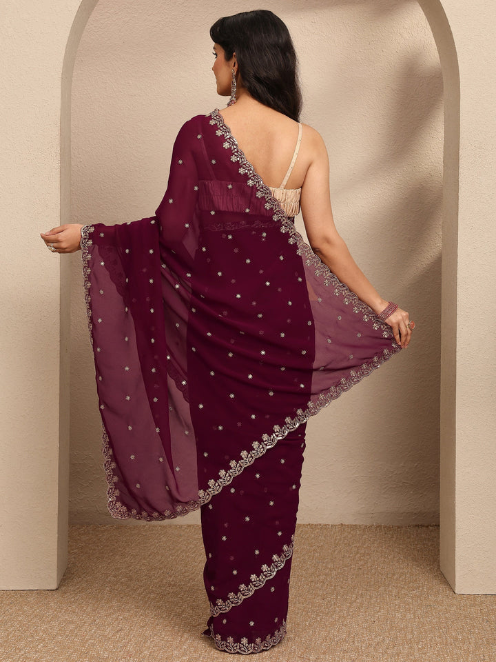 Maroon Embroidered Georgette Saree With Unstitched Blouse Piece