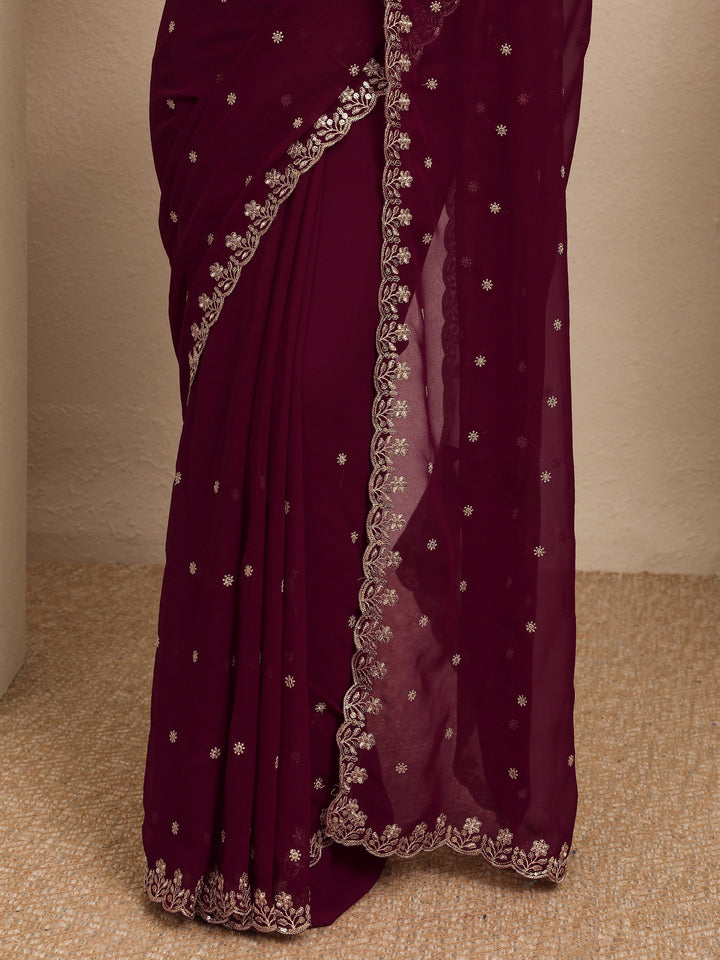 Maroon Embroidered Georgette Saree With Unstitched Blouse Piece