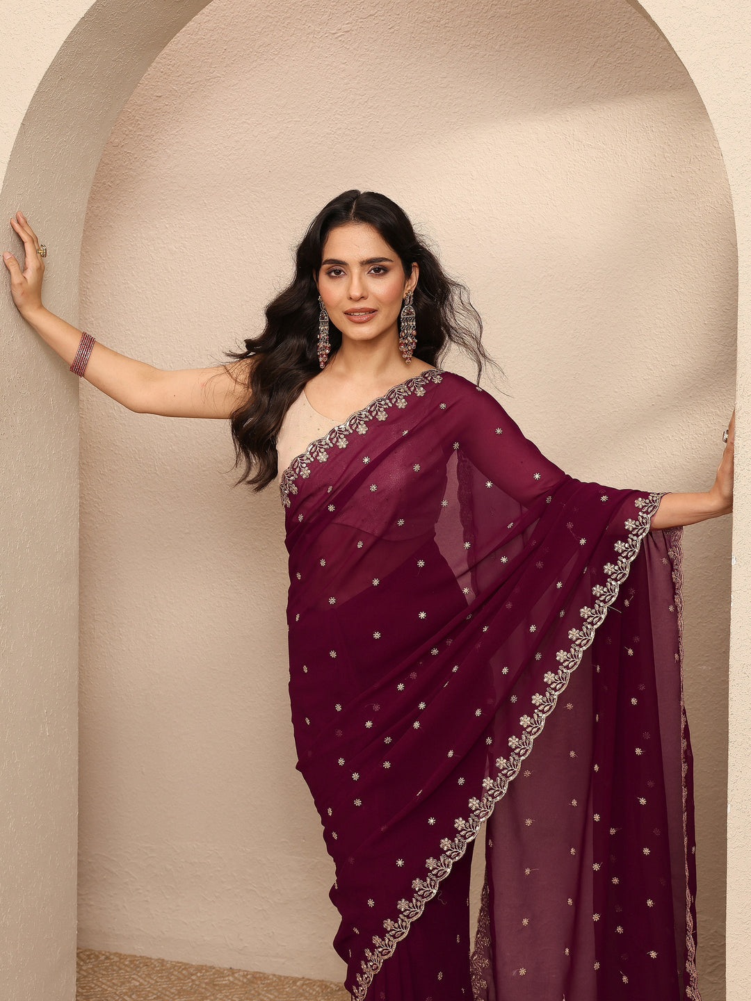 Maroon Embroidered Georgette Saree With Unstitched Blouse Piece