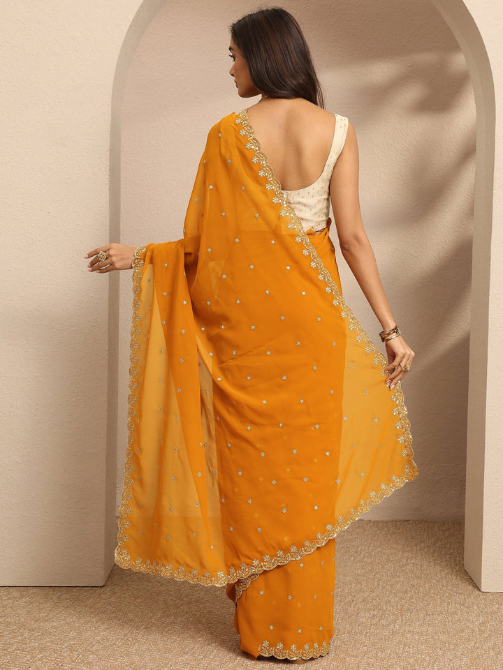 Mustard Embroidered Georgette Saree With Unstitched Blouse Piece