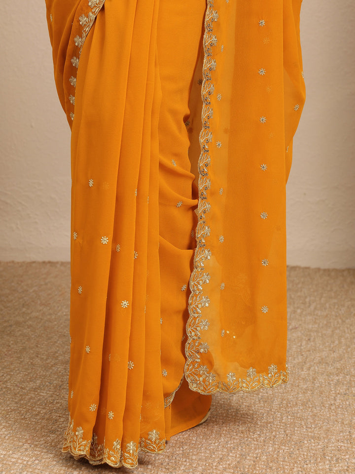 Mustard Embroidered Georgette Saree With Unstitched Blouse Piece