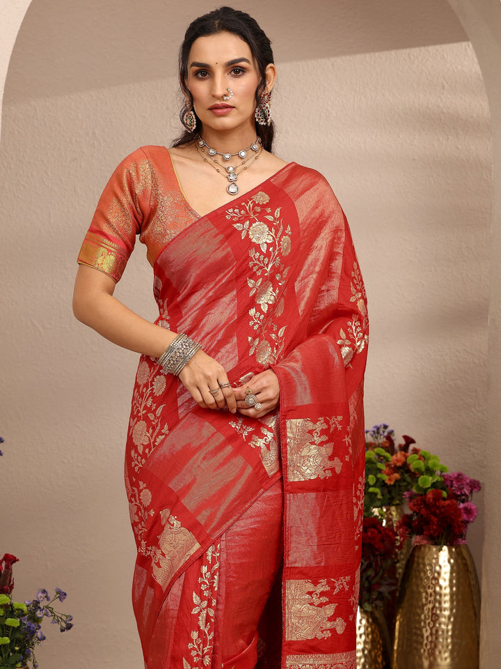Red Woven Design Banarsi Silk Blend Saree With Unstitched Blouse Piece