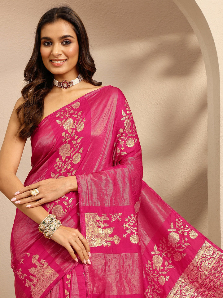 Pink Woven Design Banarsi Silk Blend Saree With Unstitched Blouse Piece