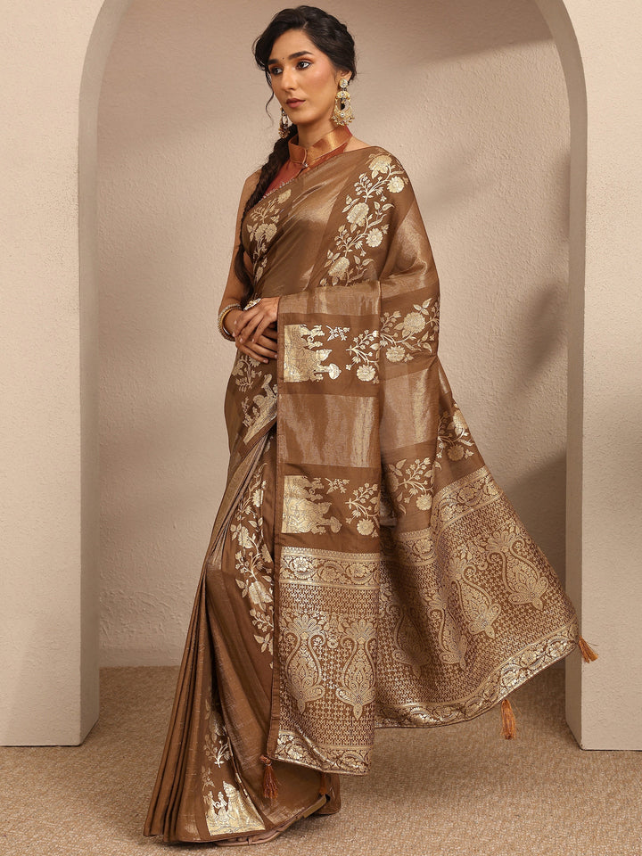 Brown Woven Design Banarsi Silk Blend Saree With Unstitched Blouse Piece