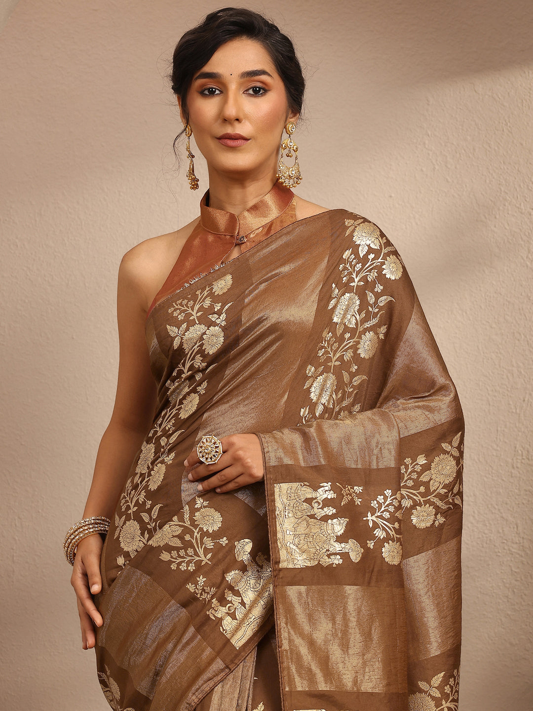 Brown Woven Design Banarsi Silk Blend Saree With Unstitched Blouse Piece