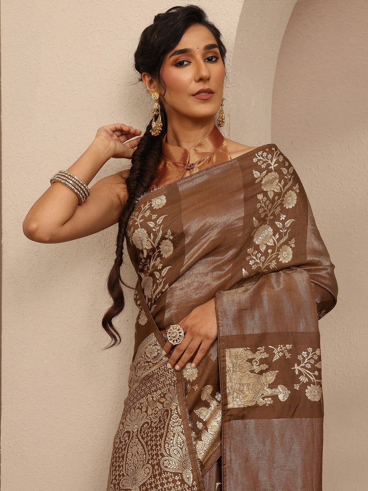 Brown Woven Design Banarsi Silk Blend Saree With Unstitched Blouse Piece