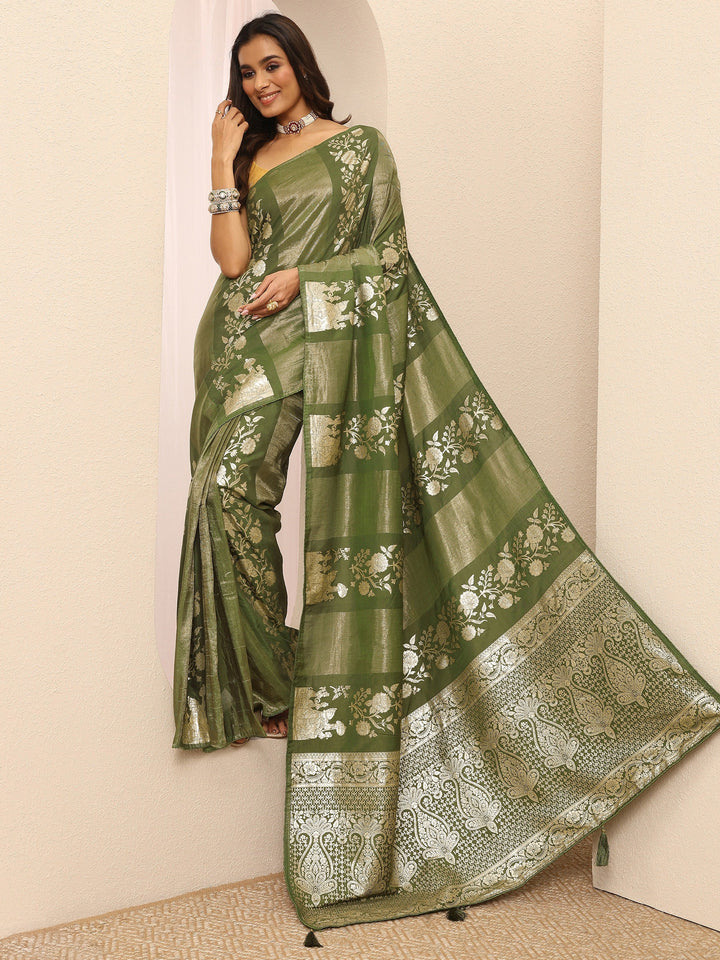 Green Woven Design Banarsi Silk Blend Saree With Unstitched Blouse Piece