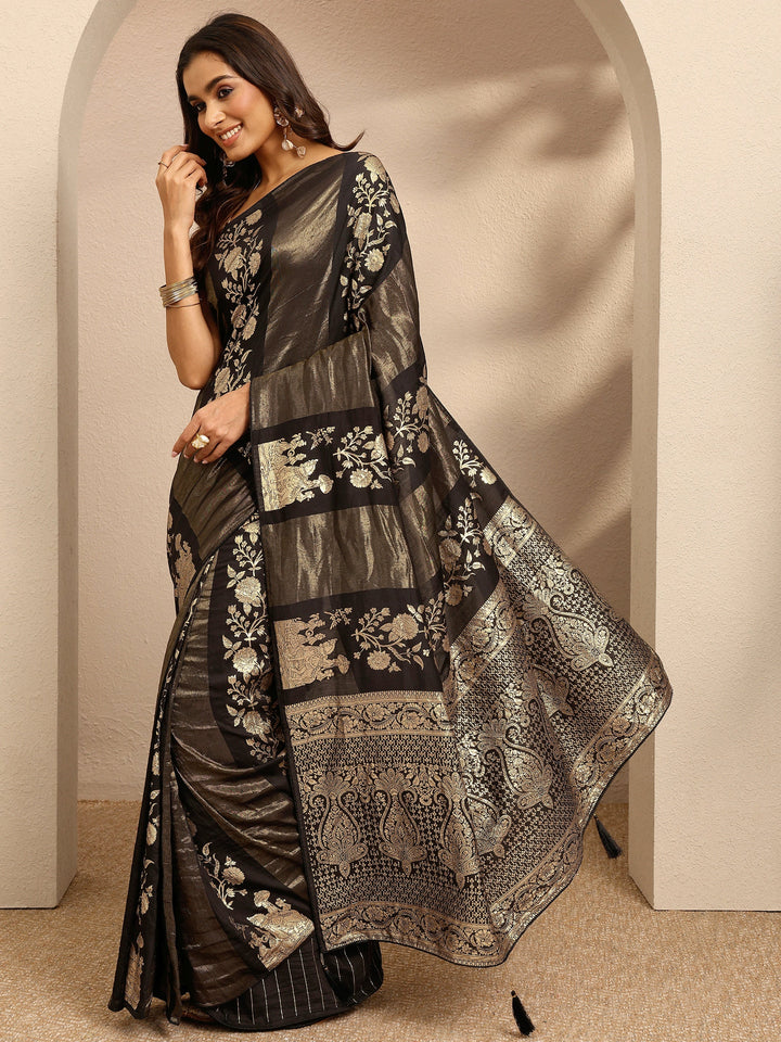Black Woven Design Banarsi Silk Blend Saree With Unstitched Blouse Piece