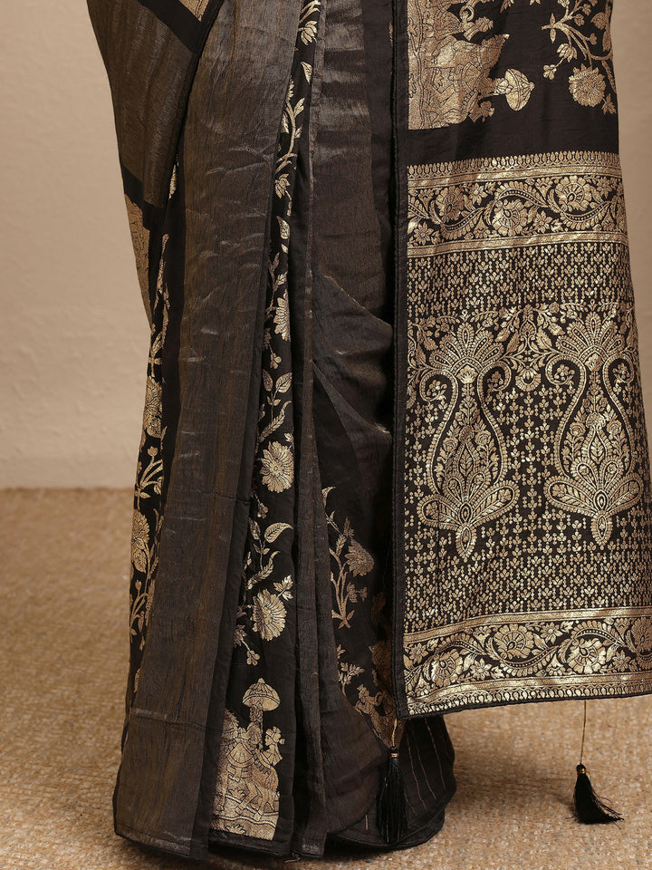 Black Woven Design Banarsi Silk Blend Saree With Unstitched Blouse Piece