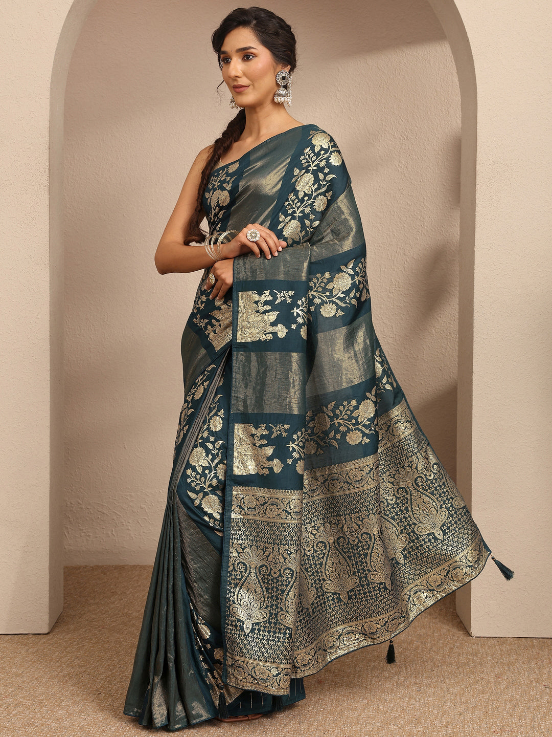 Navy Blue Woven Design Silk Blend Saree With Unstitched Blouse Piece