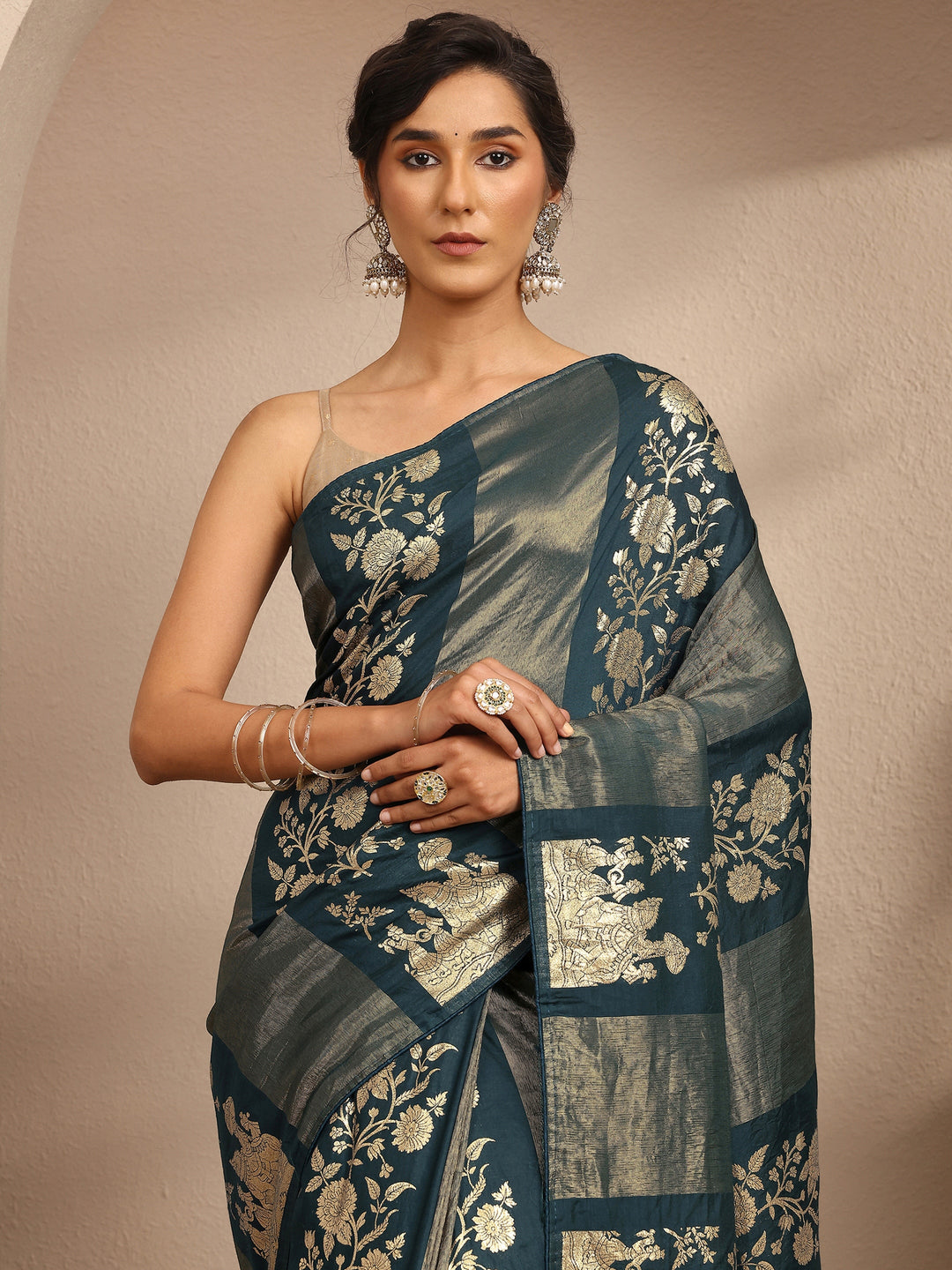 Navy Blue Woven Design Silk Blend Saree With Unstitched Blouse Piece