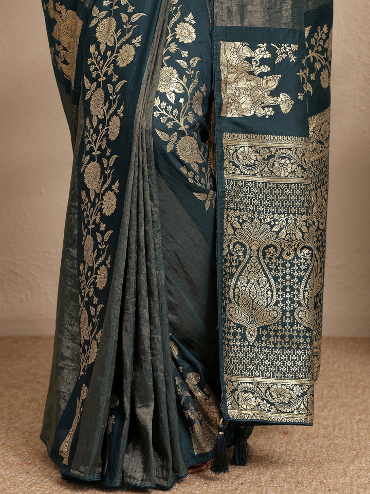 Navy Blue Woven Design Silk Blend Saree With Unstitched Blouse Piece
