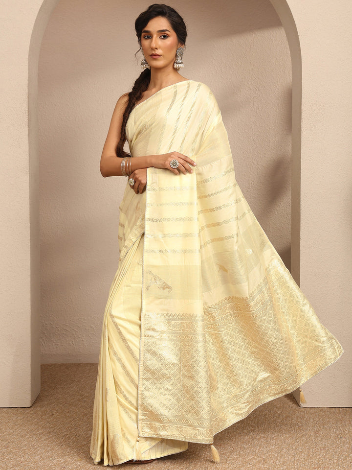 Cream Woven Design Banarsi Silk Blend Saree With Unstitched Blouse Piece