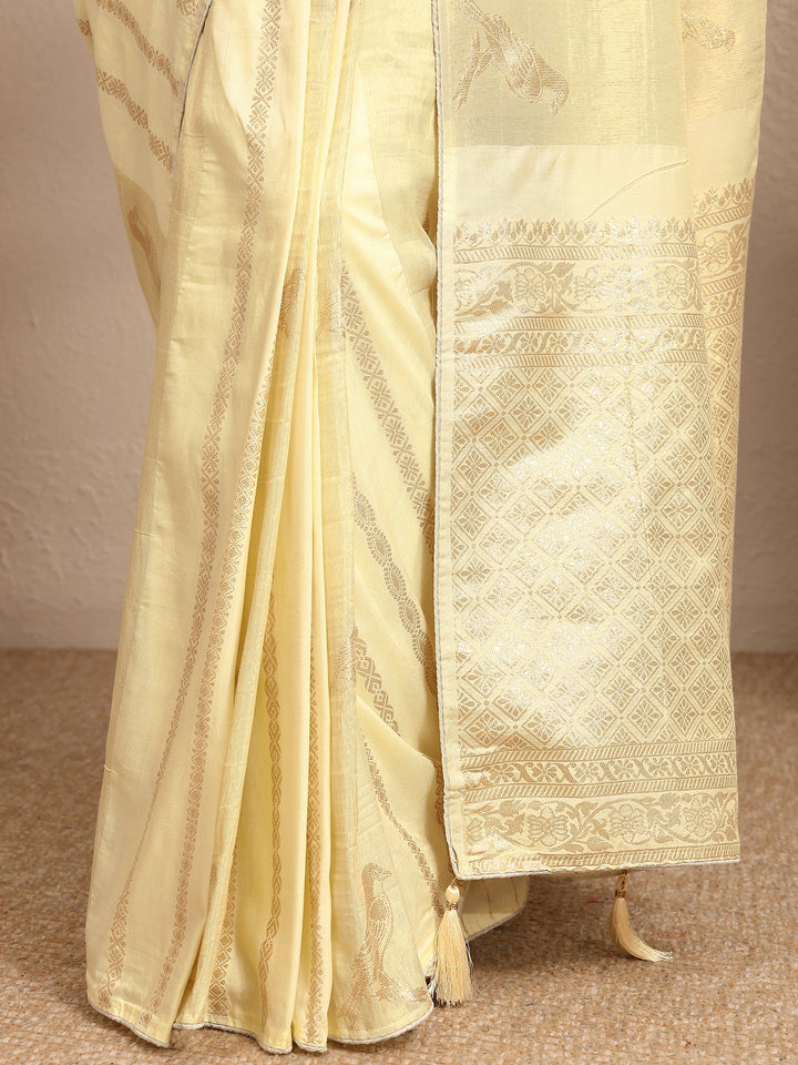 Cream Woven Design Banarsi Silk Blend Saree With Unstitched Blouse Piece