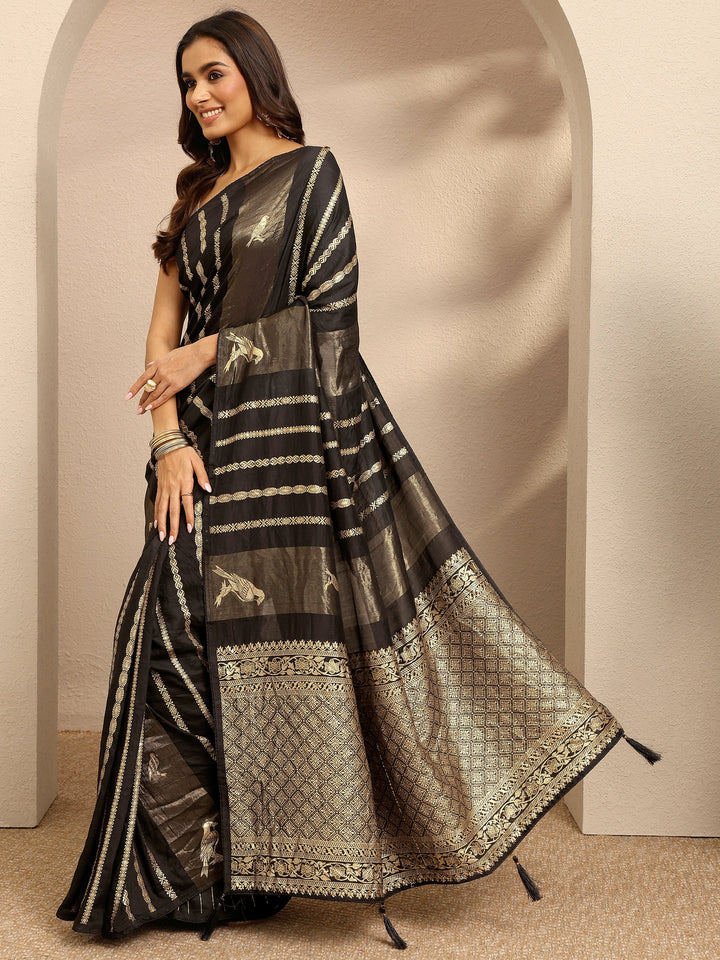 Black Woven Design Banarsi Silk Blend Saree With Unstitched Blouse Piece