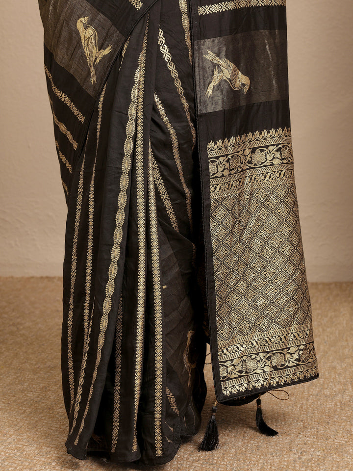 Black Woven Design Banarsi Silk Blend Saree With Unstitched Blouse Piece