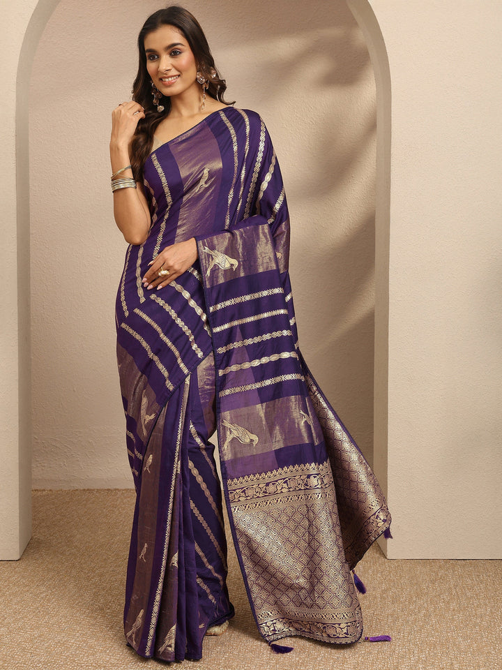 Purple Woven Design Banarsi Silk Blend Saree With Unstitched Blouse Piece