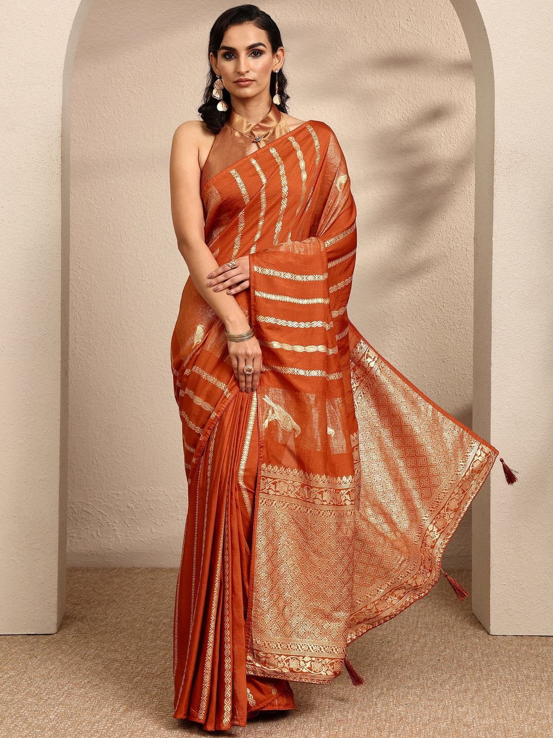 Orange Woven Design Banarsi Silk Blend Saree With Unstitched Blouse Piece