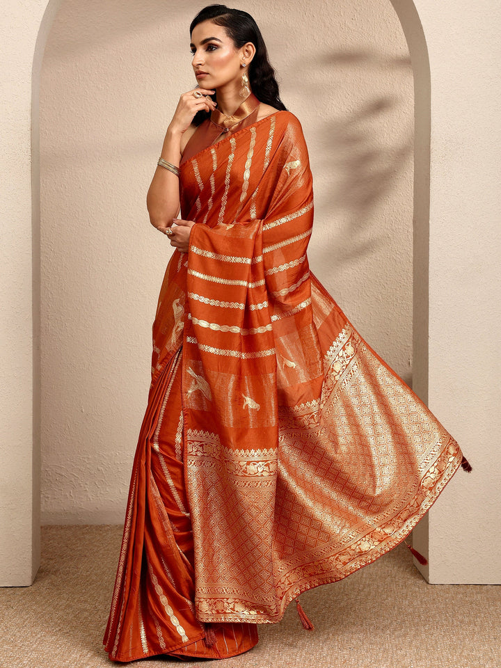 Orange Woven Design Banarsi Silk Blend Saree With Unstitched Blouse Piece