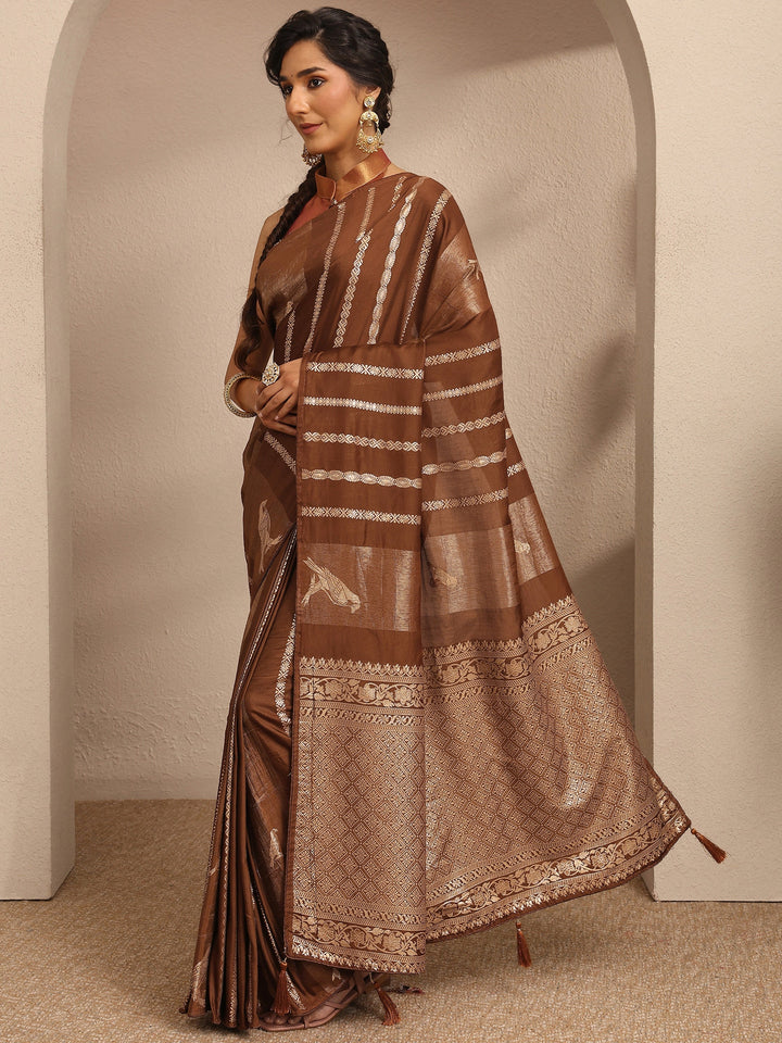 Brown Woven Design Banarsi Silk Blend Saree With Unstitched Blouse Piece