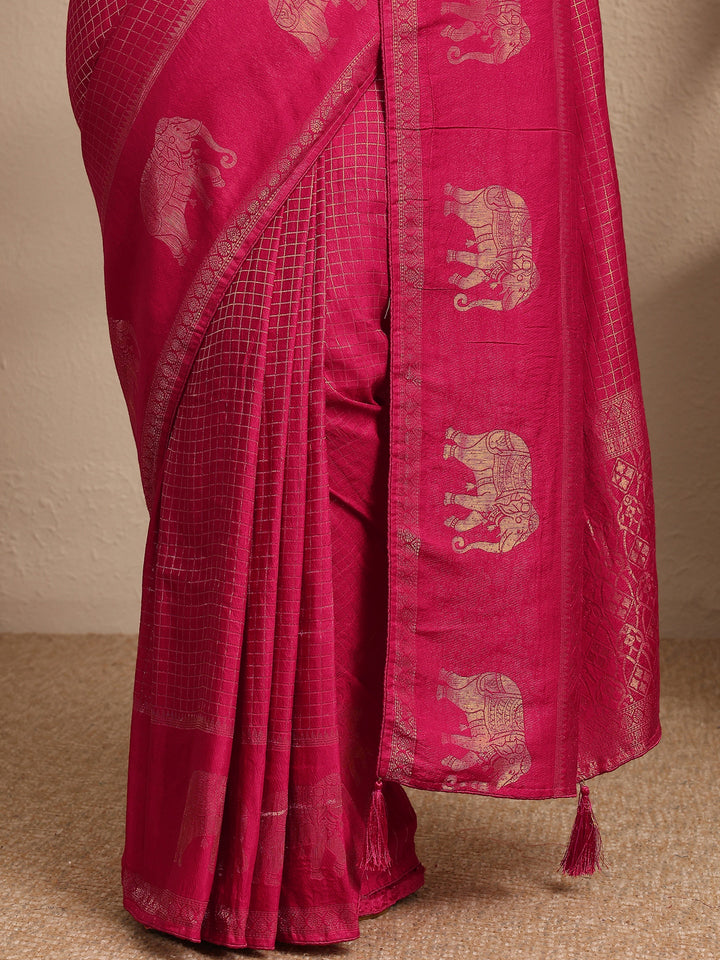 Pink Checkered Woven Design Silk Blend Saree With Unstitched Blouse Piece