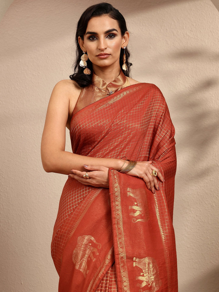 Rust Checkered Woven Design Silk Blend Saree With Unstitched Blouse Piece