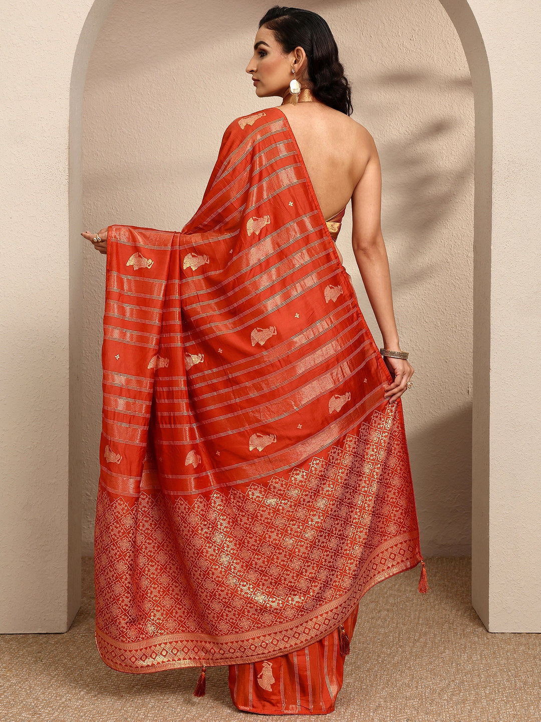 Orange Striped Woven Design Silk Blend Saree With Unstitched Blouse Piece
