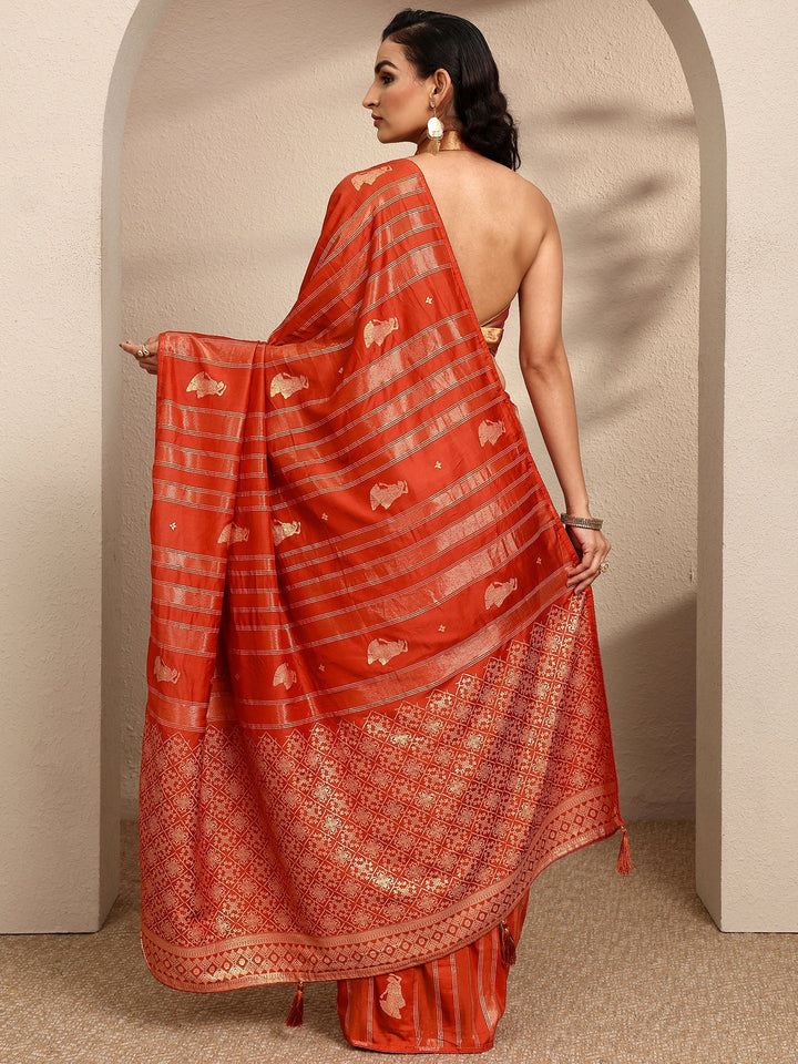 Orange Striped Woven Design Silk Blend Saree With Unstitched Blouse Piece