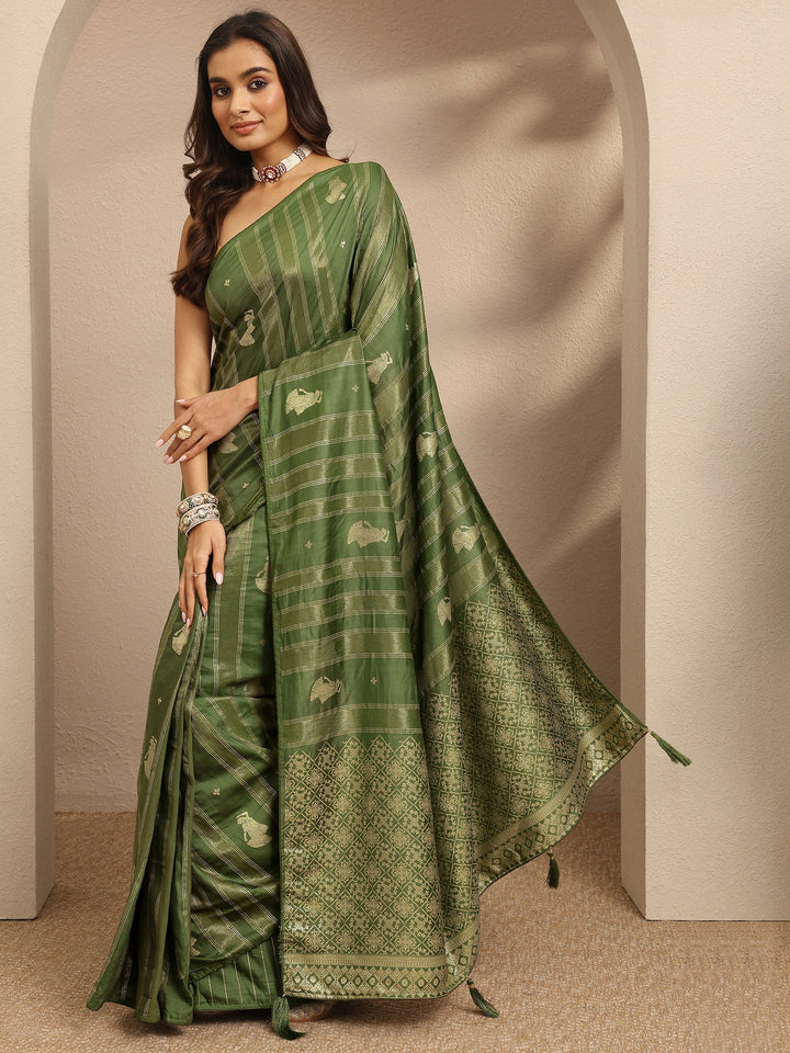 Green Striped Woven Design Silk Blend Saree With Unstitched Blouse Piece
