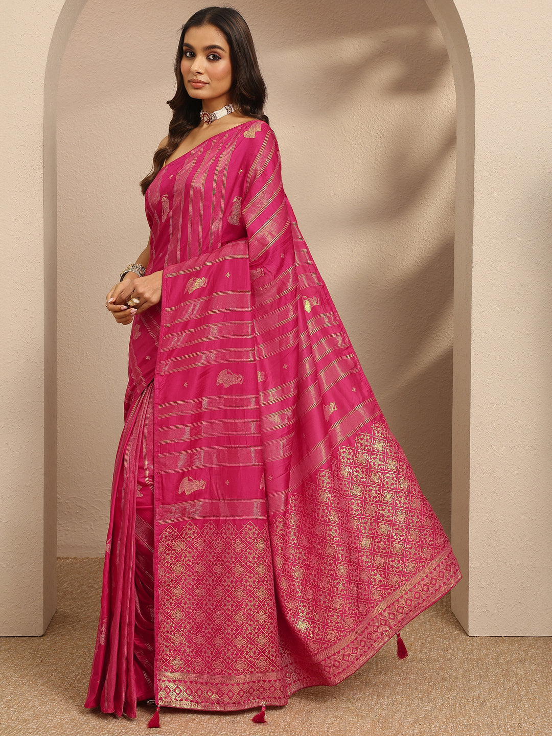 Pink Striped Woven Design Silk Blend Saree With Unstitched Blouse Piece