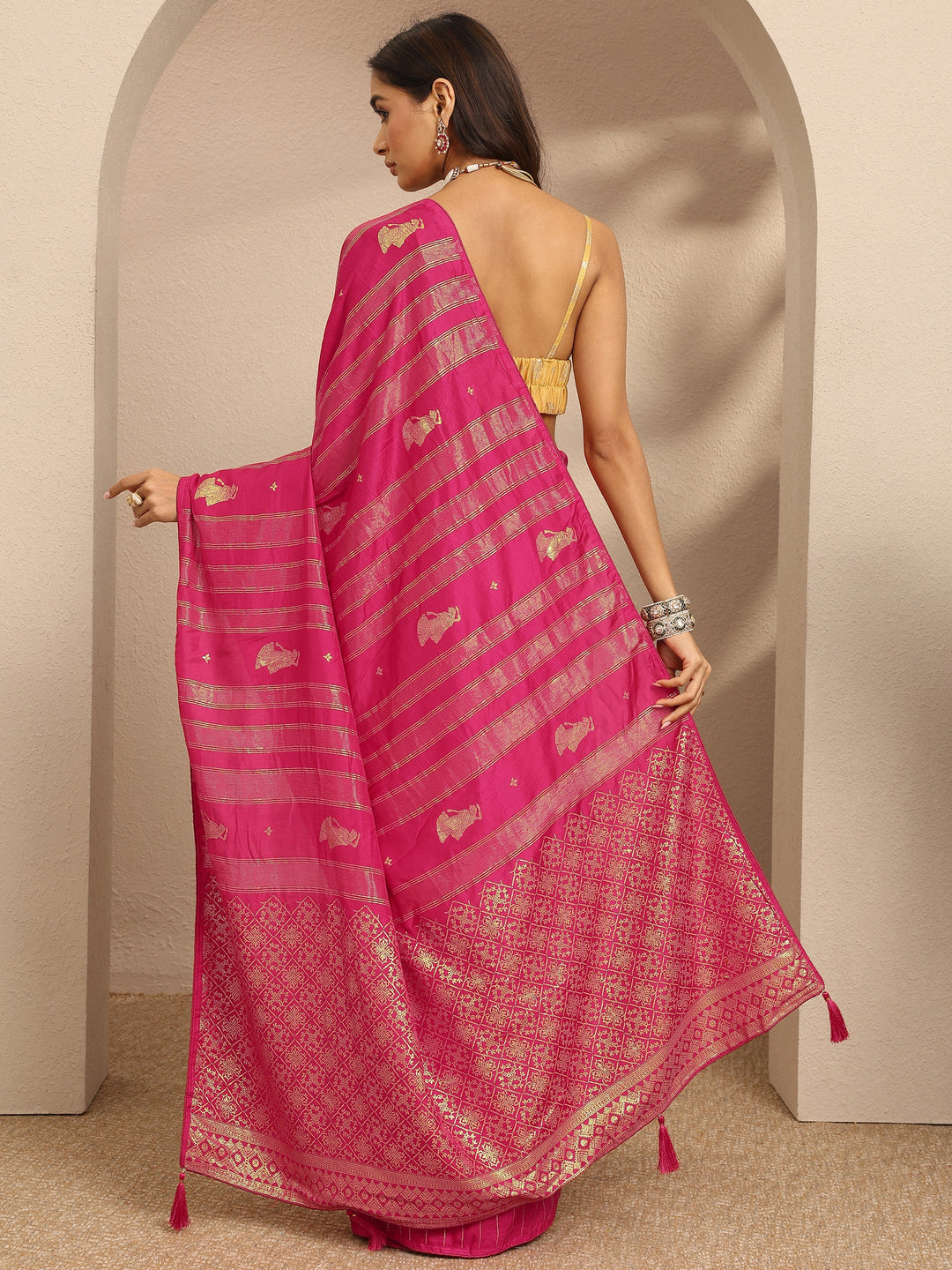 Pink Striped Woven Design Silk Blend Saree With Unstitched Blouse Piece