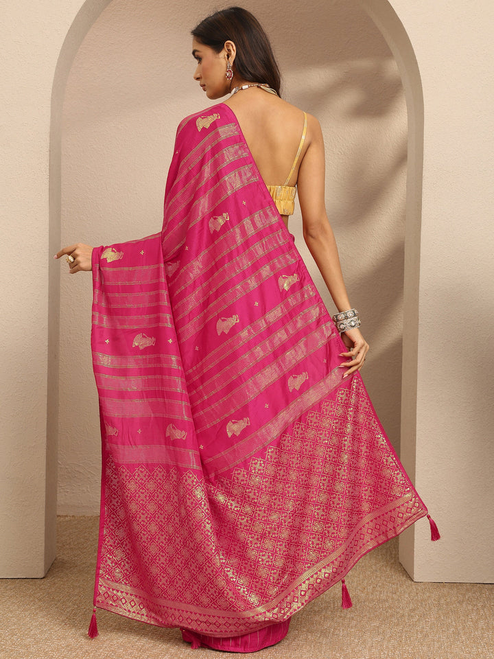 Pink Striped Woven Design Silk Blend Saree With Unstitched Blouse Piece
