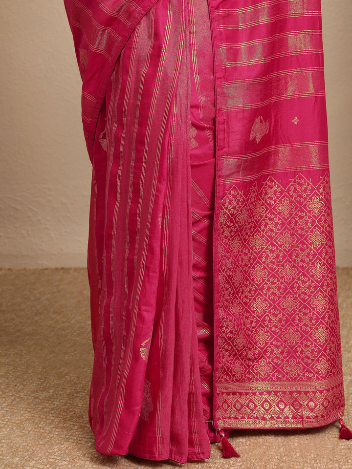 Pink Striped Woven Design Silk Blend Saree With Unstitched Blouse Piece